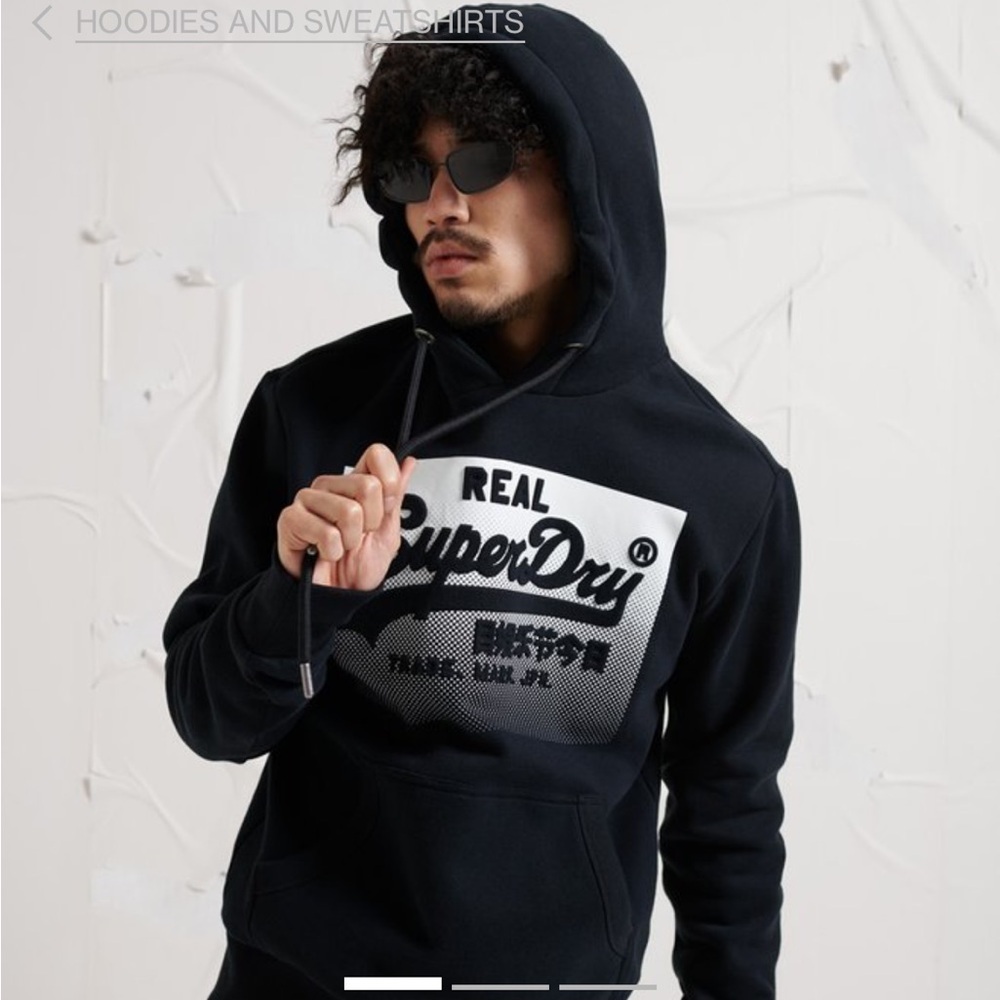 Superdry Vintage Logo Halftone Embossed Brushed Hoodie Sweatshirt XS Black